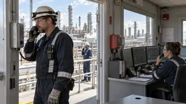Оператор нефтеперерабатывающего объекта использует промышленную связь рядом с диспетчерской
